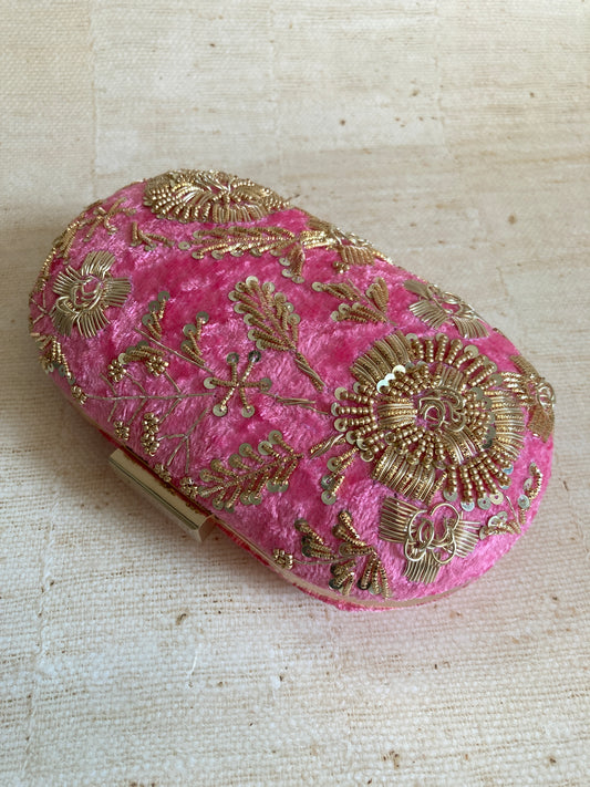 Rosa Hot Pink Oval Velvet Clutch (ST903)