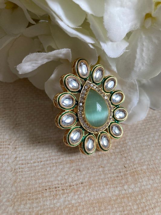 Roop Mint Green Gold Plated Kundan Ring (ST855)