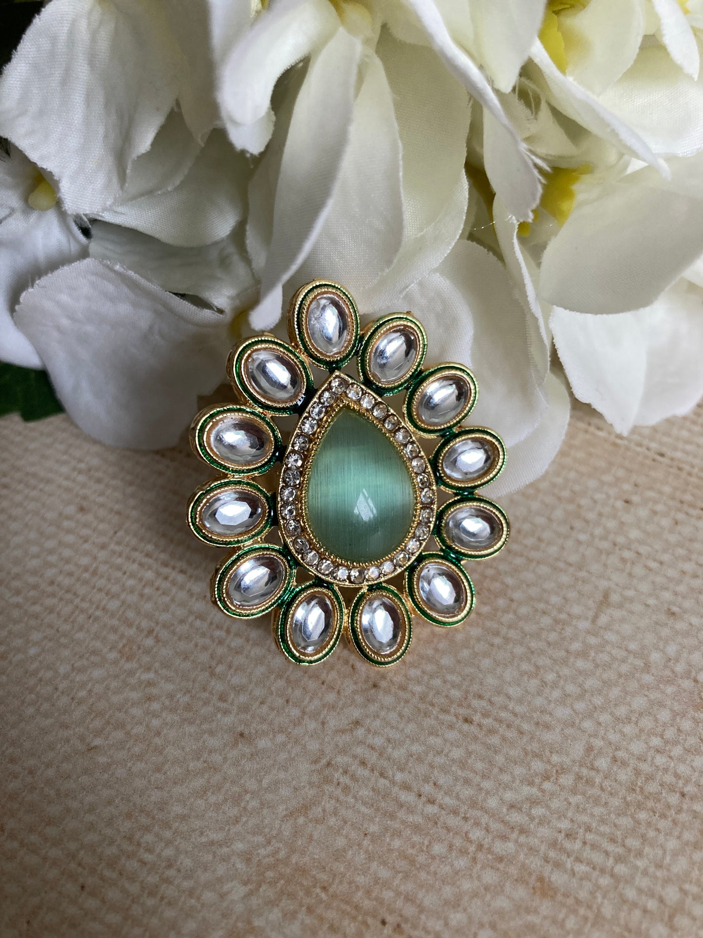 Roop Mint Green Gold Plated Kundan Ring (ST855)