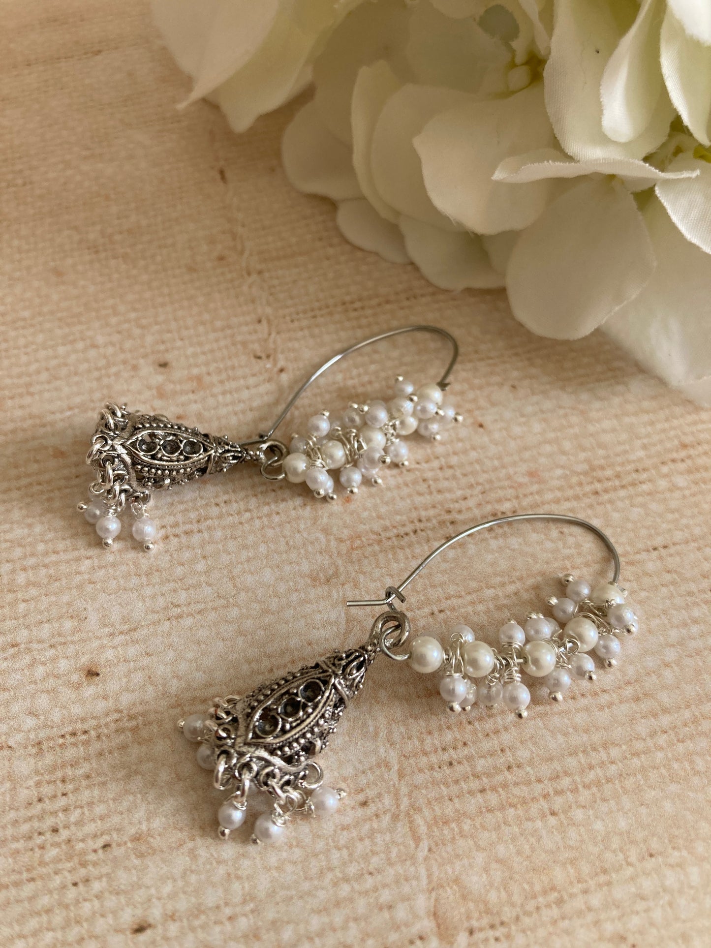 Oxidised Silver Pearl Jhumki Earrings (ST1083)