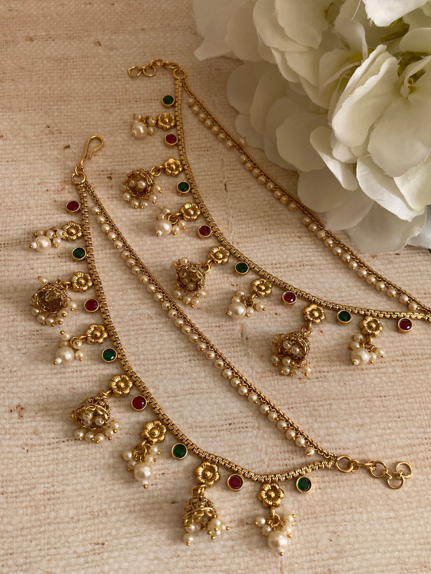 Gold Plated Pearl Ear Chains/Kaan Chain (ST1085) (Green And Pink)