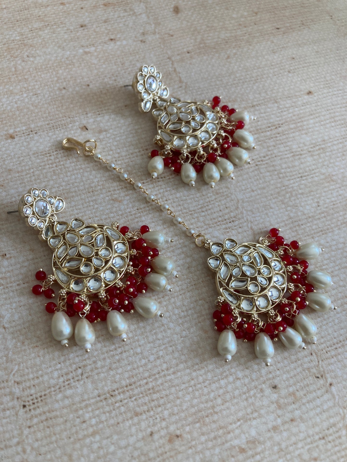 Noor Red Gold Plated Kundan Earrings And Tikka Set (ST979)