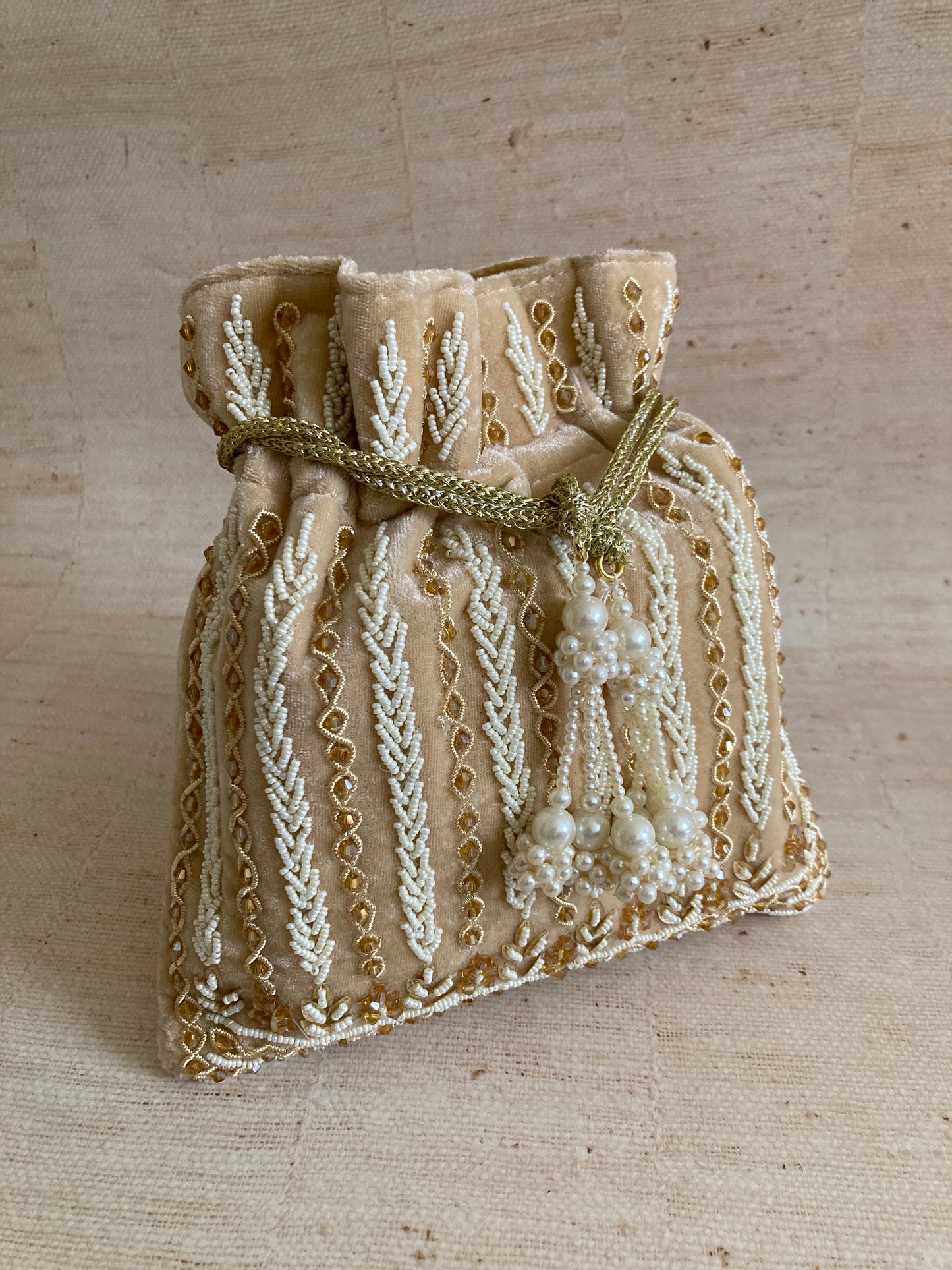 Mehar Gold Velvet Pearl Handcrafted Potli Bag (ST882)