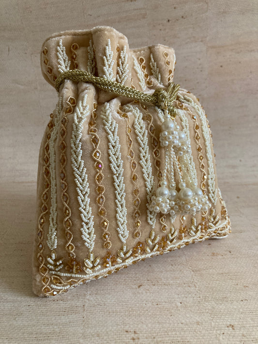 Mehar Gold Velvet Pearl Handcrafted Potli Bag (ST882)