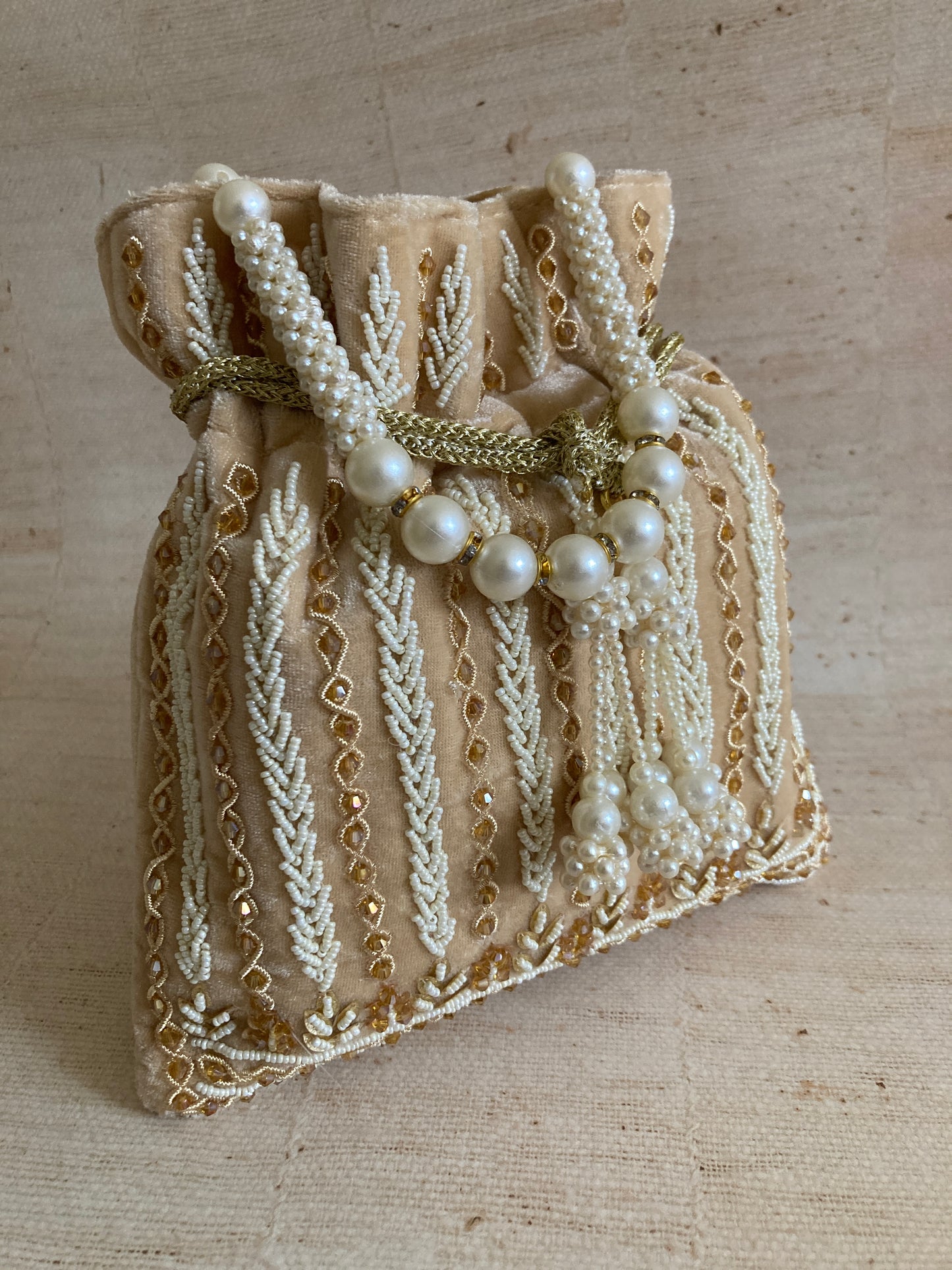 Mehar Gold Velvet Pearl Handcrafted Potli Bag (ST882)
