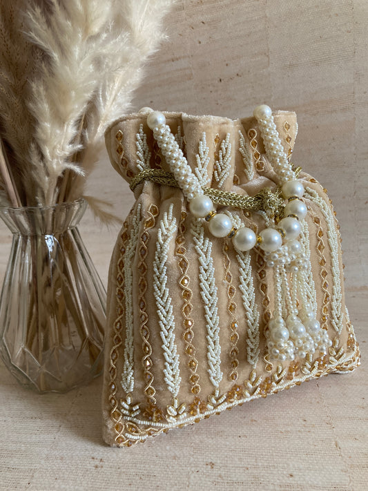 Mehar Gold Velvet Pearl Handcrafted Potli Bag (ST882)