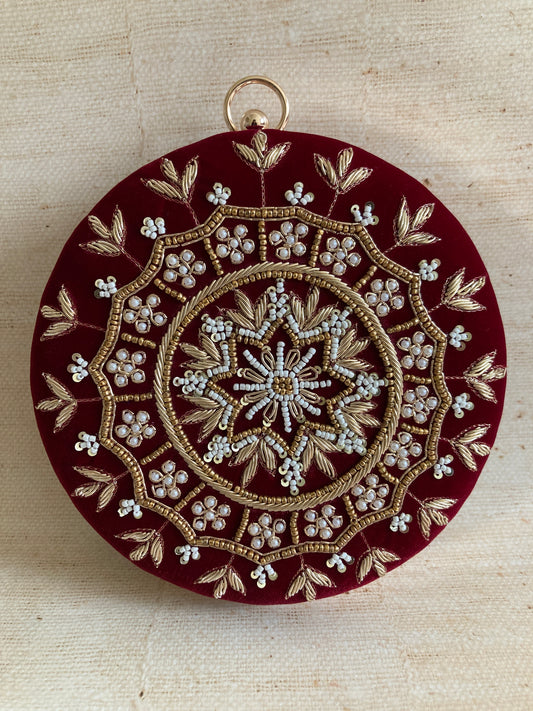 Aarza Maroon Velvet Bangle Clutch (ST735)