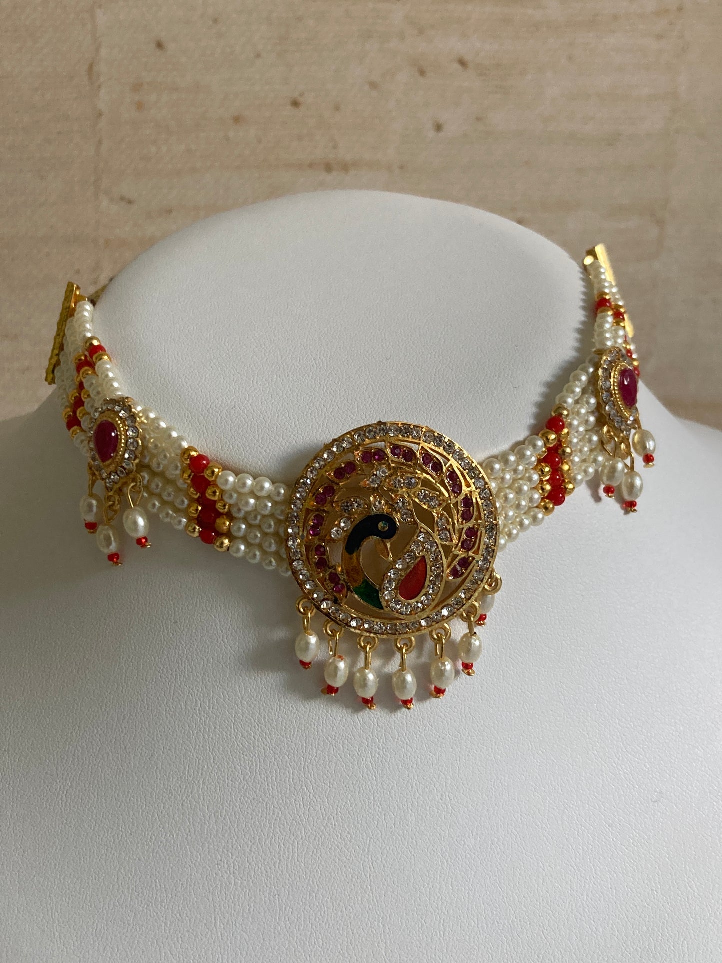Peacock Gold Plated Austrian Stone And Pearl Choker Necklace Set (ST886) (Red)