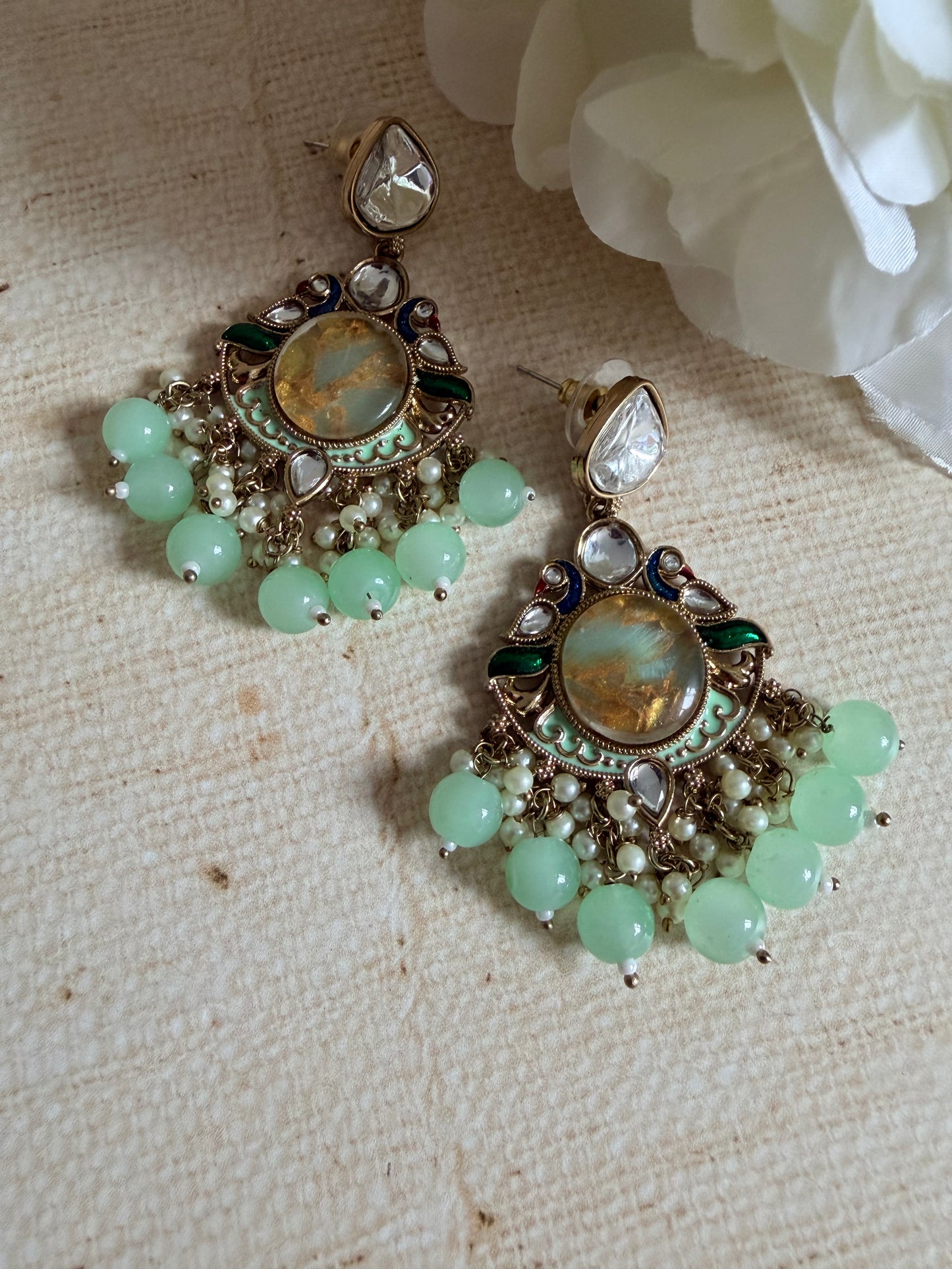 Kundan Earrings With Mehndi Plating (ST1058) (Green)