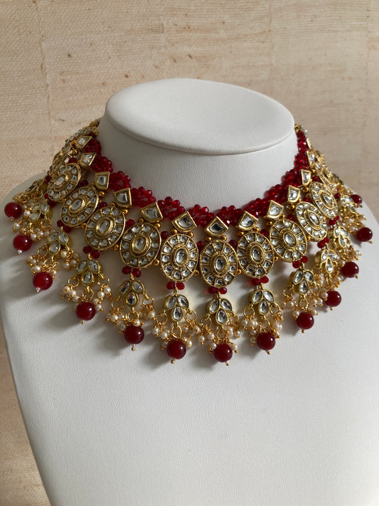 Saachi Gold Plated Kundan And Pearl Maroon Choker Set (ST184)