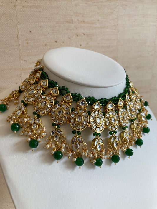 Saachi Gold Plated Kundan And Pearl Emerald Green Choker Set (ST184)