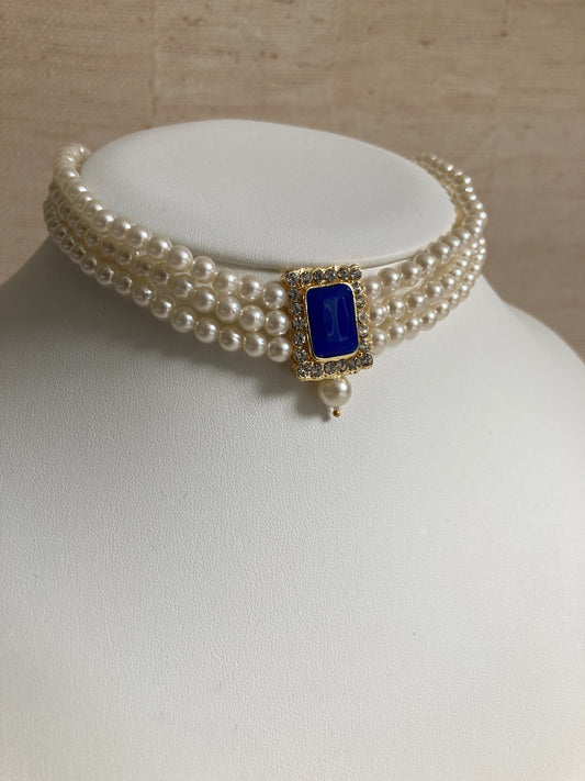 Safeena 18K Gold Plated Handcrafted Pearl Choker Set (ST793) (Blue)