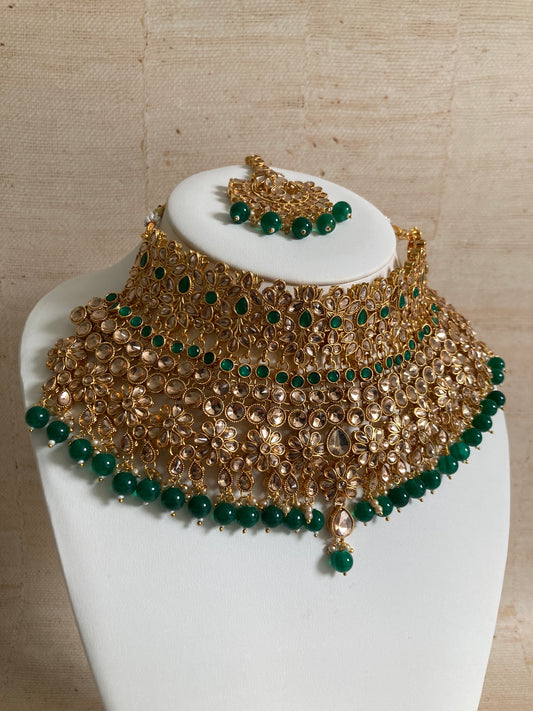 Amber Gold Plated Kundan Beaded Set (ST221) Antique Emerald