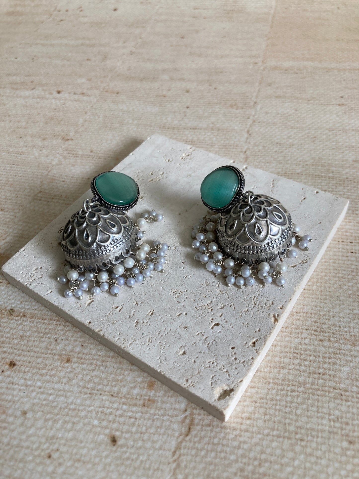 Satya Pearl Mint Oxidised Jhumki (ST940)