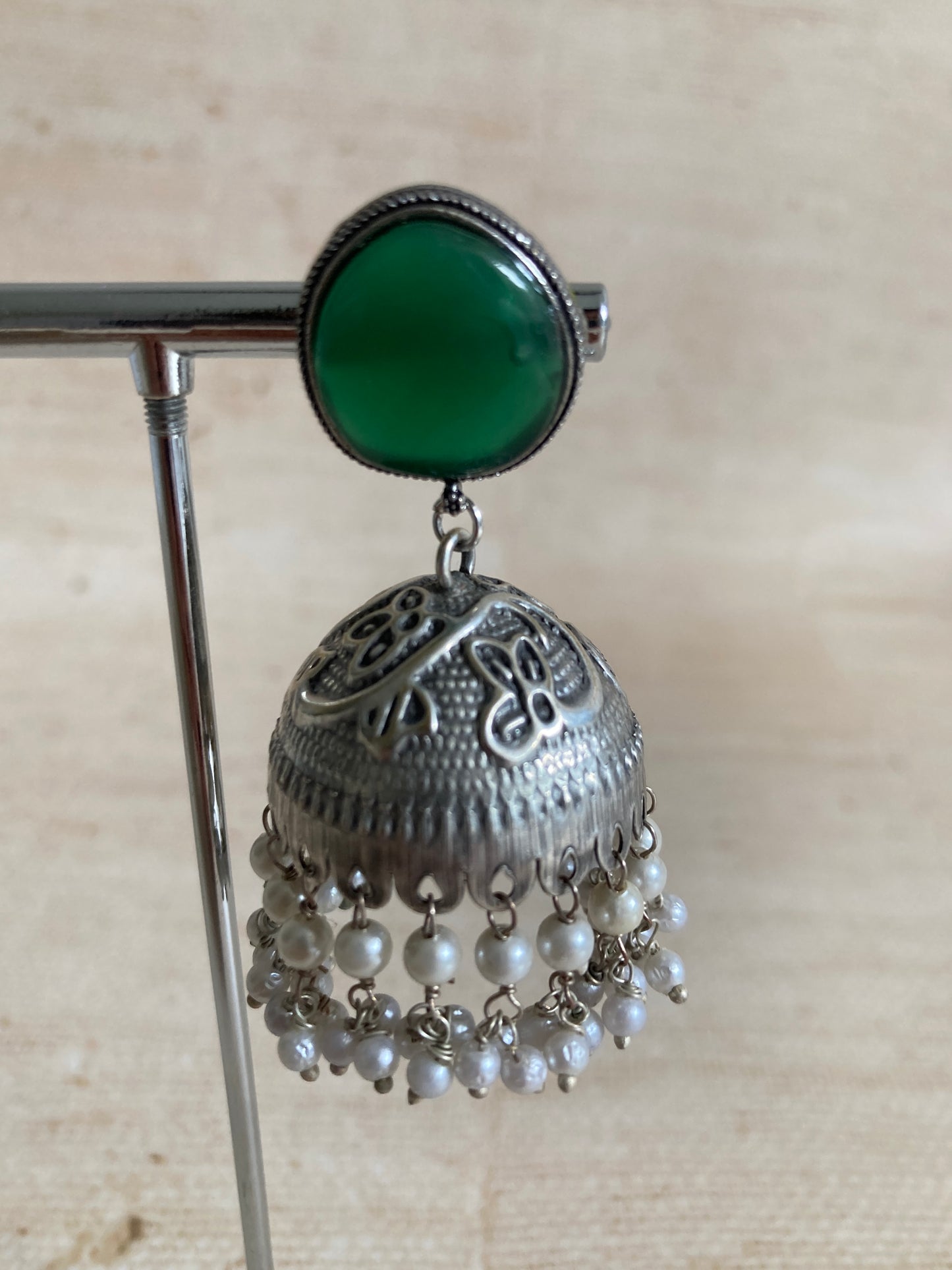 Satya Pearl Emerald Oxidised Jhumki (ST940)