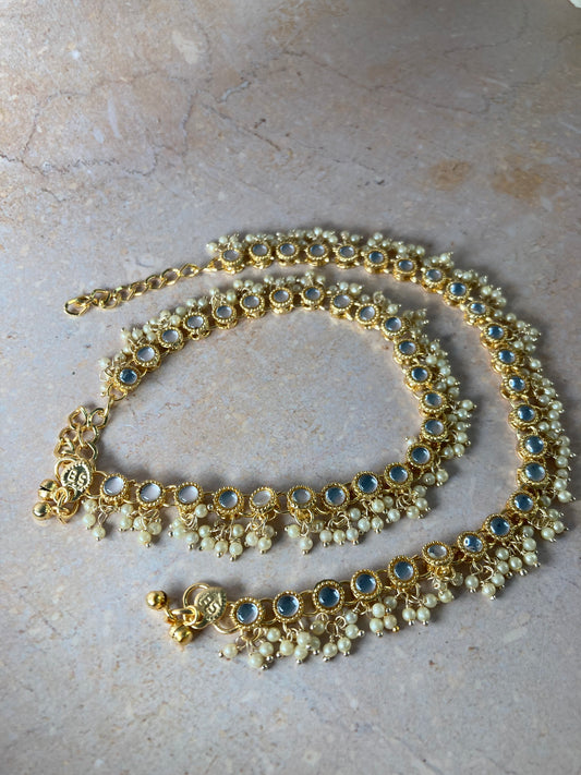 Resham Gold Plated Kundan & Pearl Studded Adjustable Anklets (ST730)