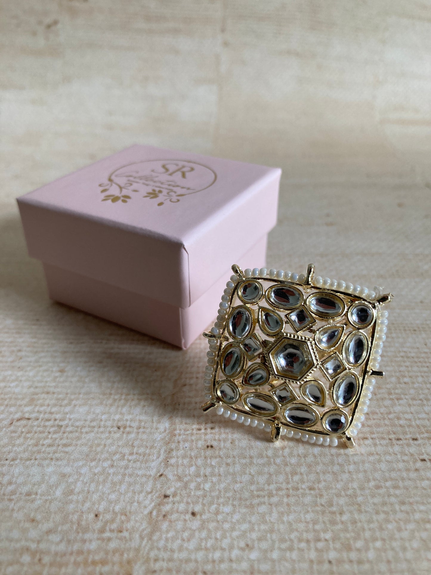 White Gold Plated Square Kundan Ring (ST949)