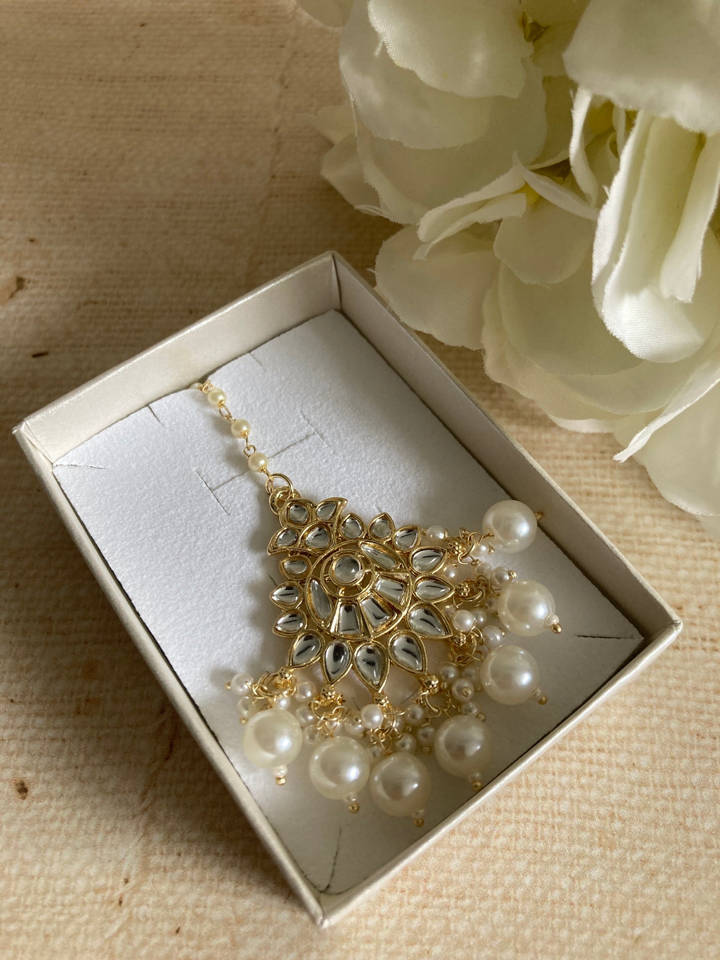 White Gold Plated Kundan Pearl Tikka (ST948)