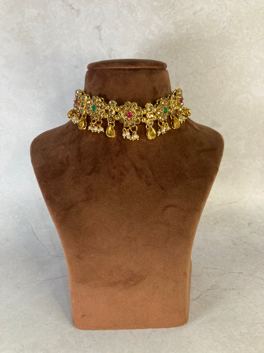 Nargis Gold Plated Choker Set (ST171)(Antique, Emerald And Pink)