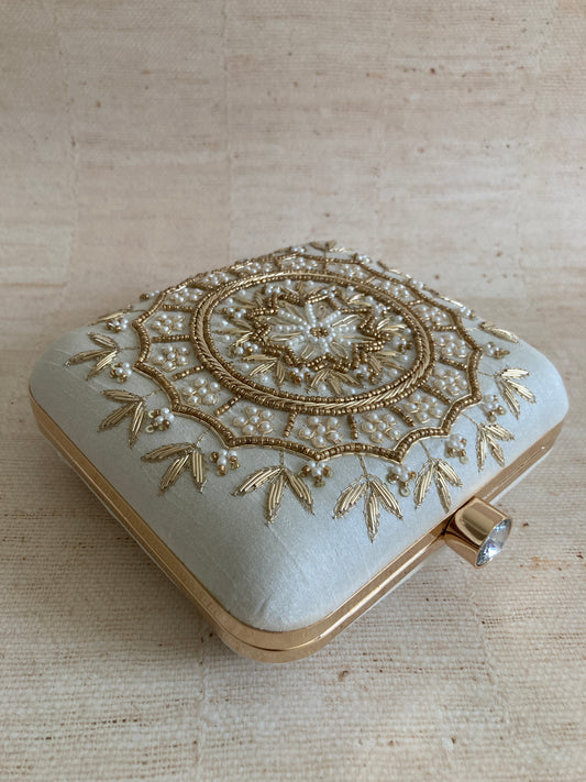 Kiran Off White Mandala Design Square Clutch (ST901)