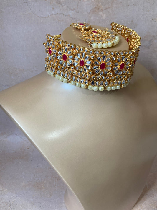 Alia Kundan & Pota Stone Gold Plated Set (ST228)(Red)