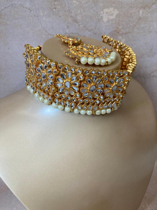 Alia Kundan & Pota Stone Gold Plated Set (ST228)(White)