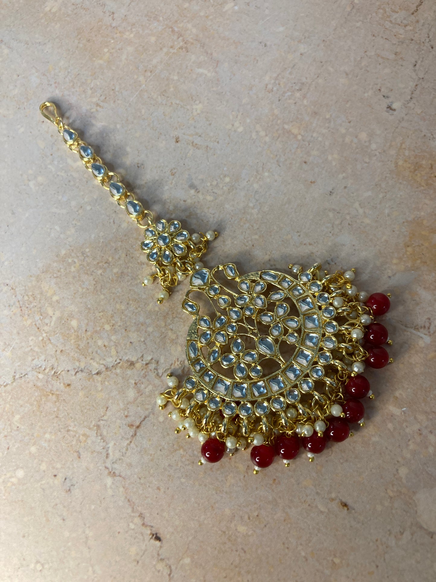 Arohi 18K Gold Plated Traditional Kundan Tikka (Maroon) (ST749)