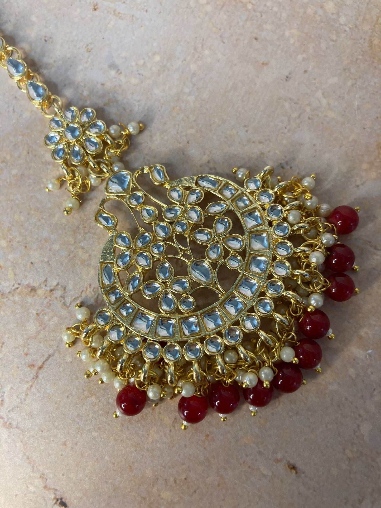 Arohi 18K Gold Plated Traditional Kundan Tikka (Maroon) (ST749)
