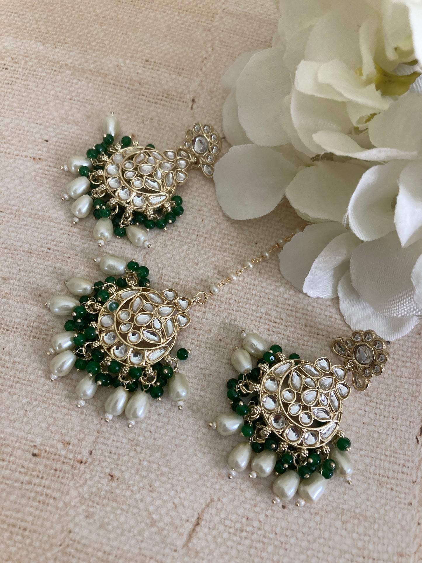 Noor Emerald Green Gold Plated Kundan Earrings And Tikka Set (ST979)
