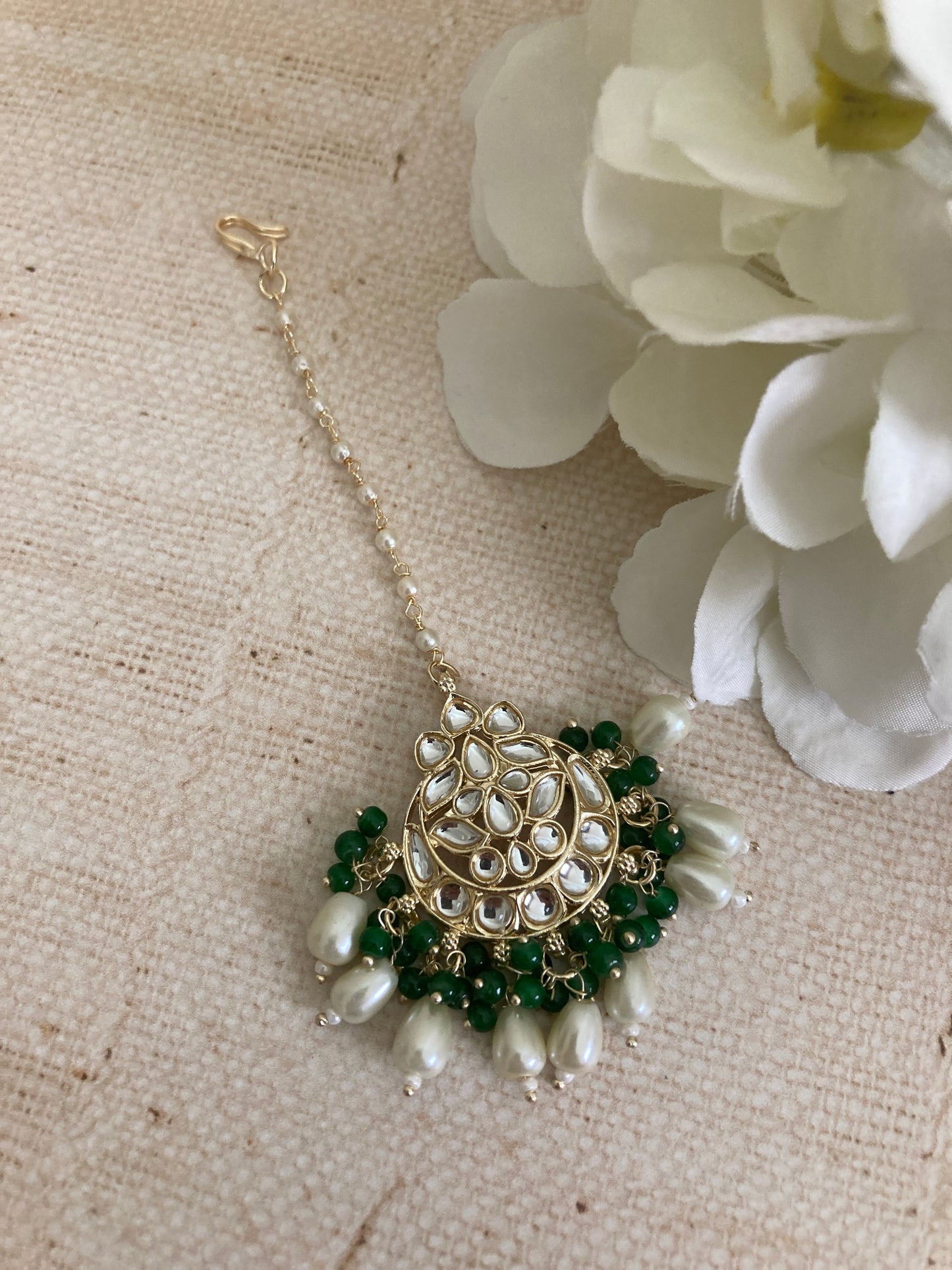 Noor Emerald Green Gold Plated Kundan Earrings And Tikka Set (ST979)