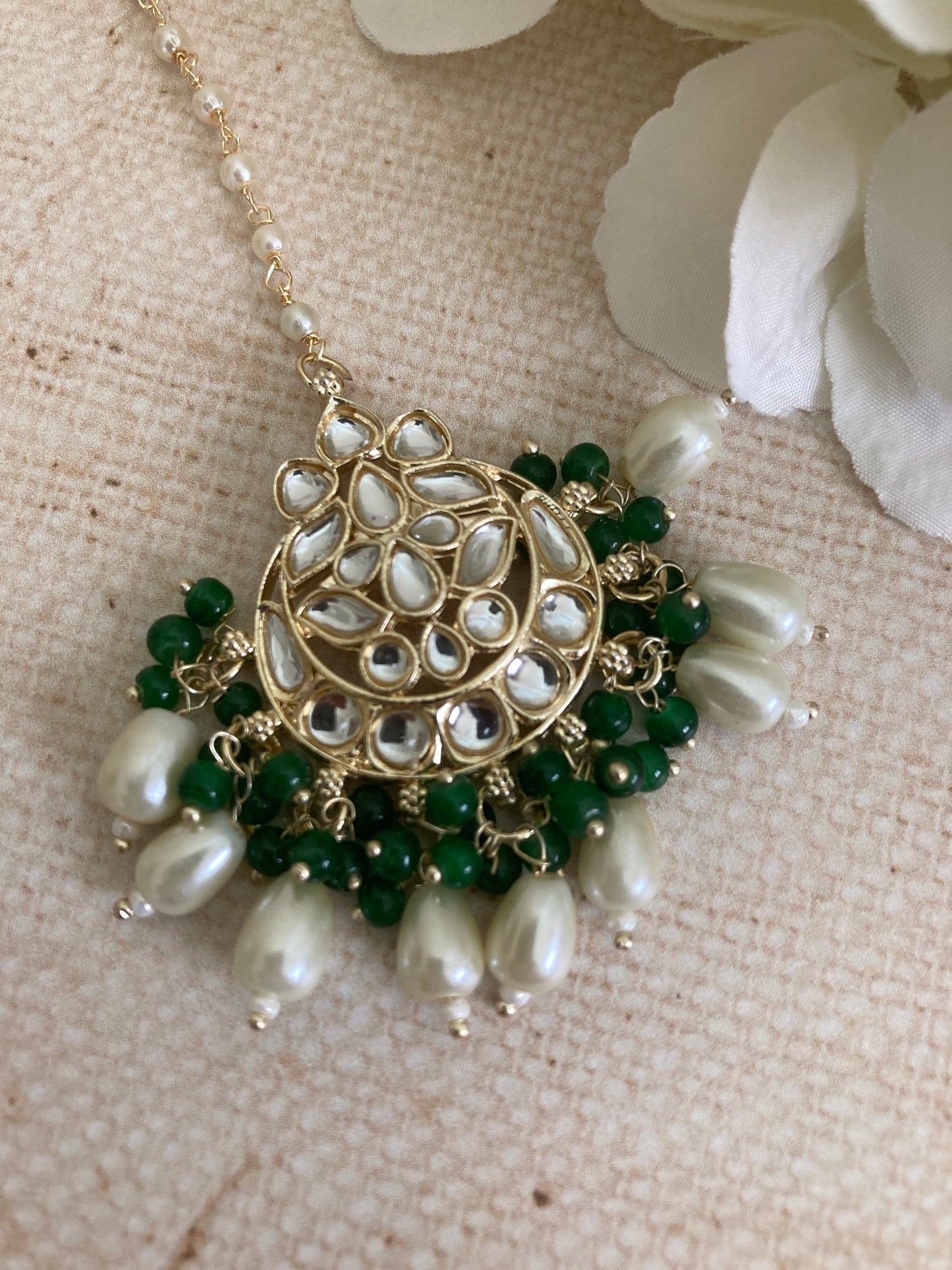Noor Emerald Green Gold Plated Kundan Earrings And Tikka Set (ST979)