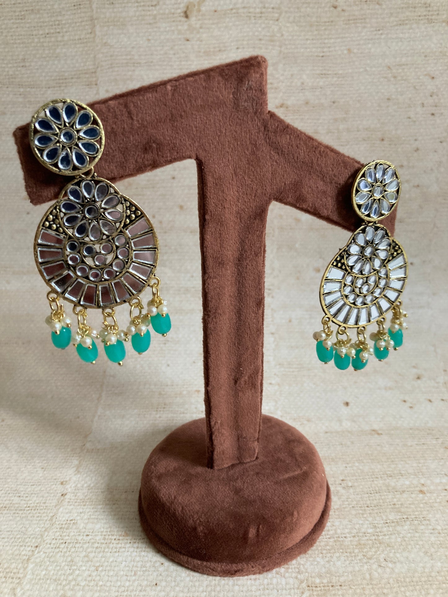 Lalita Oxidised Mirror Dangle Earrings (Green) (ST1006)