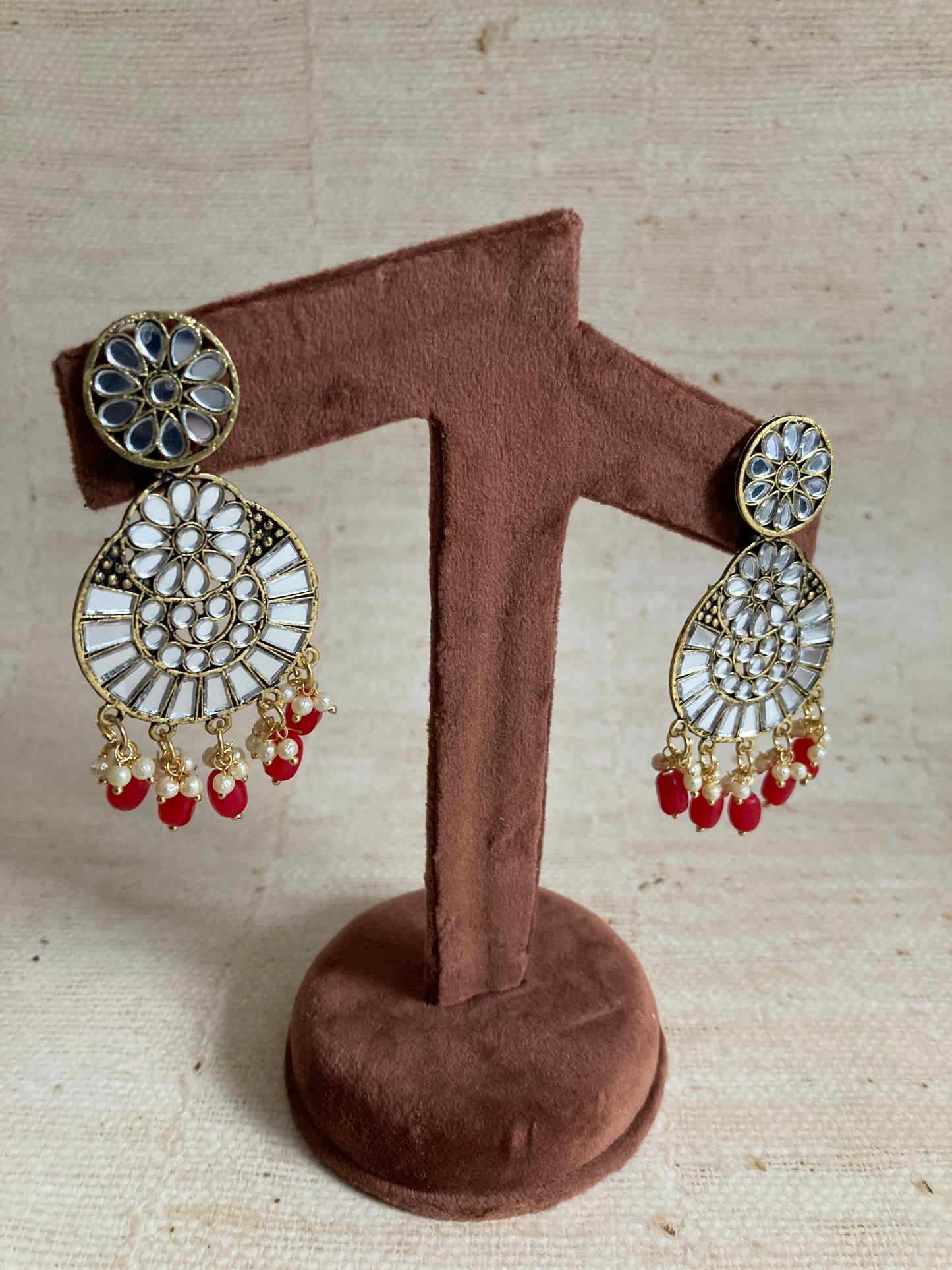 Lalita Oxidised Mirror Dangle Earrings (Red) (ST1006)