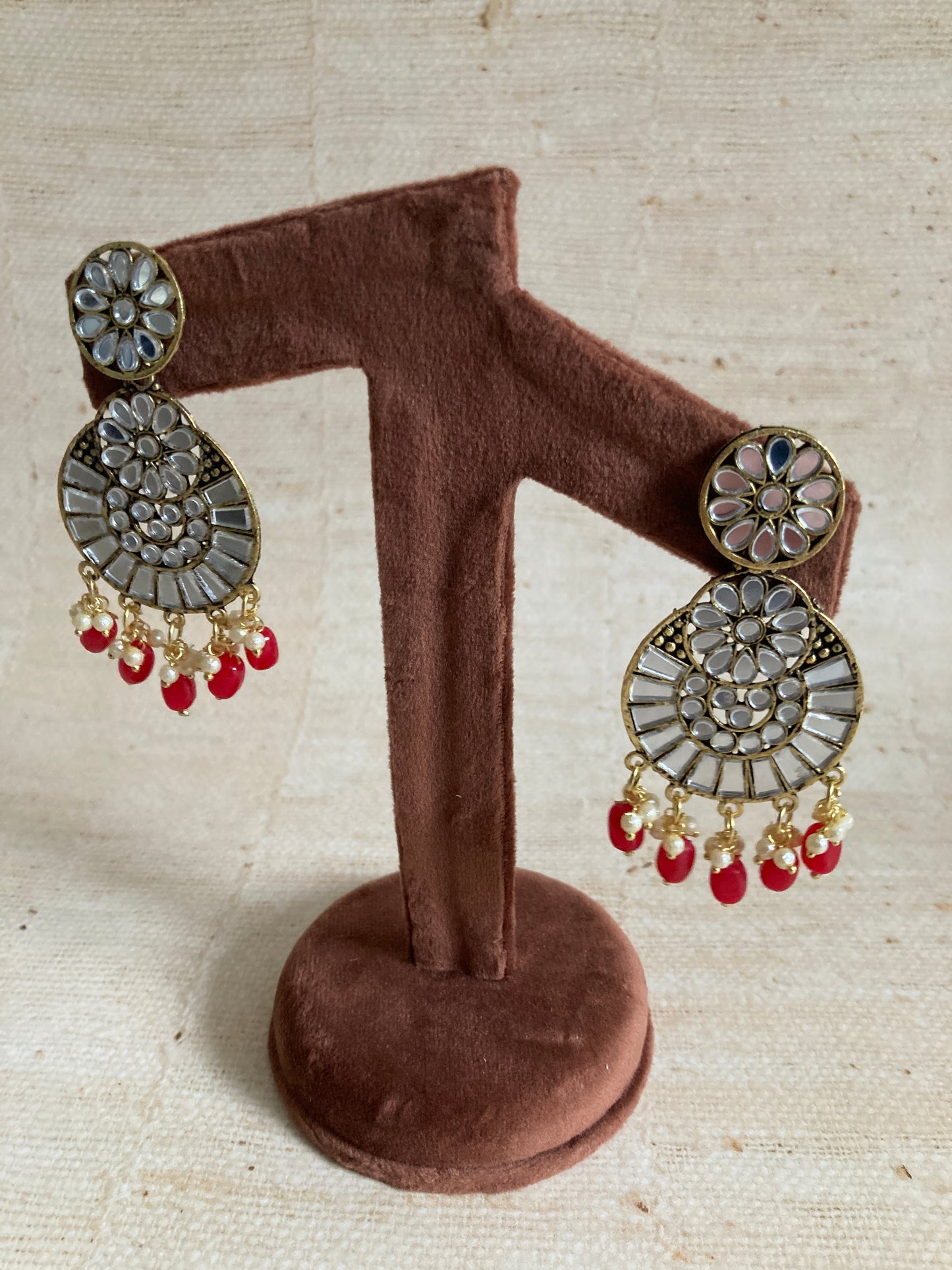 Lalita Oxidised Mirror Dangle Earrings (Red) (ST1006)