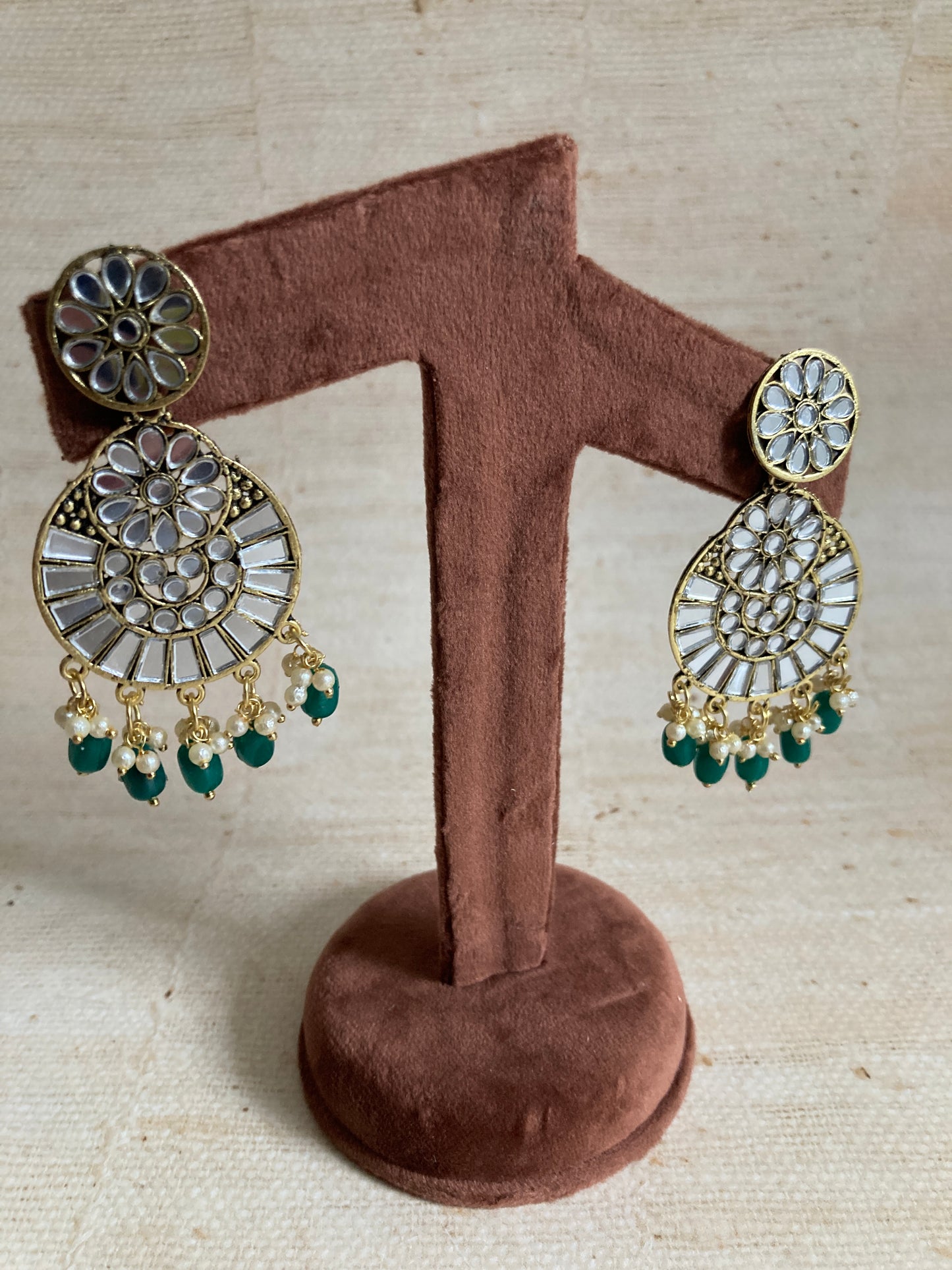 Lalita Oxidised Mirror Dangle Earrings (Emerald) (ST1006)