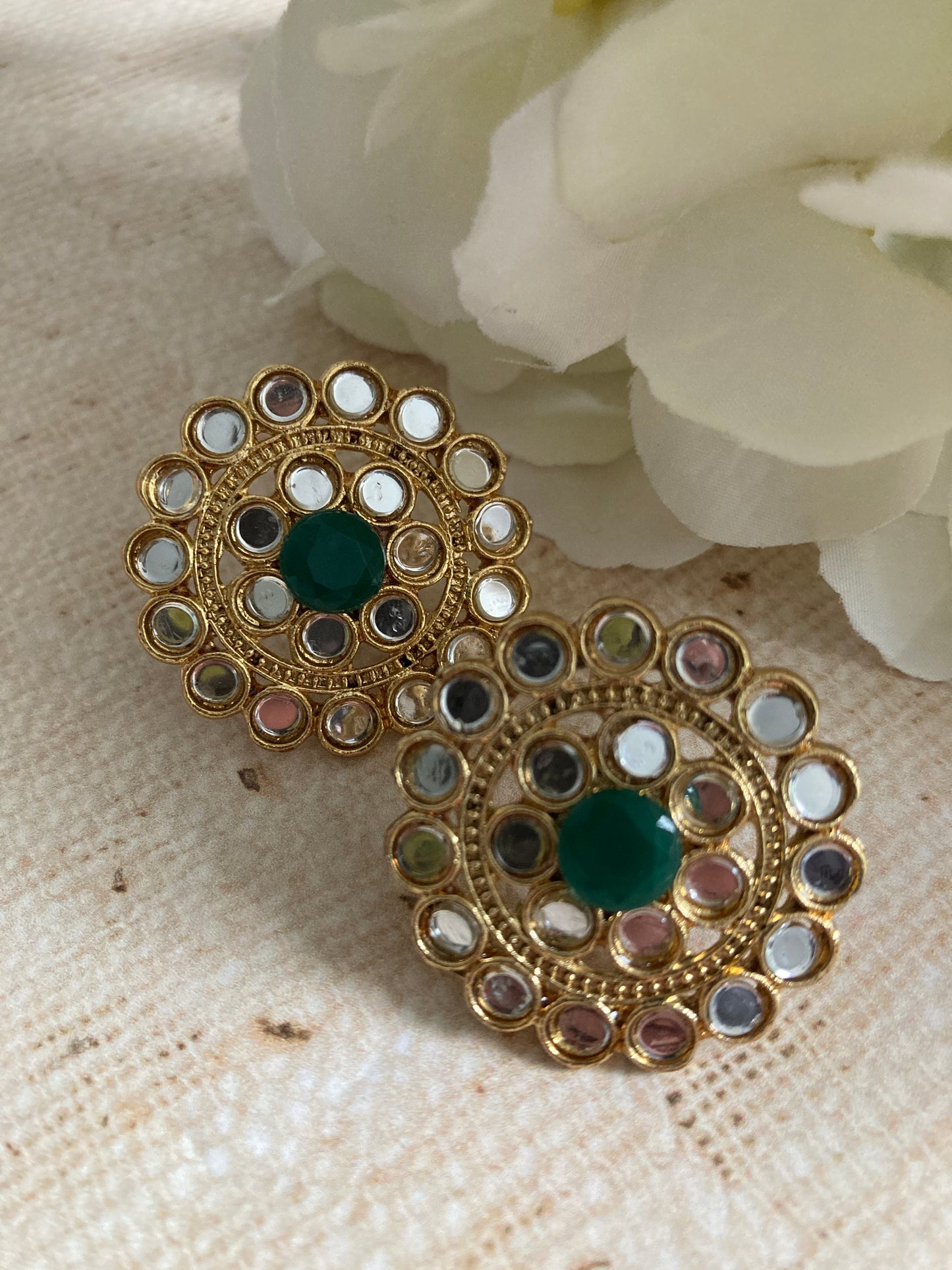 Mirror Circular Stud Earrings (Green) (ST1008)