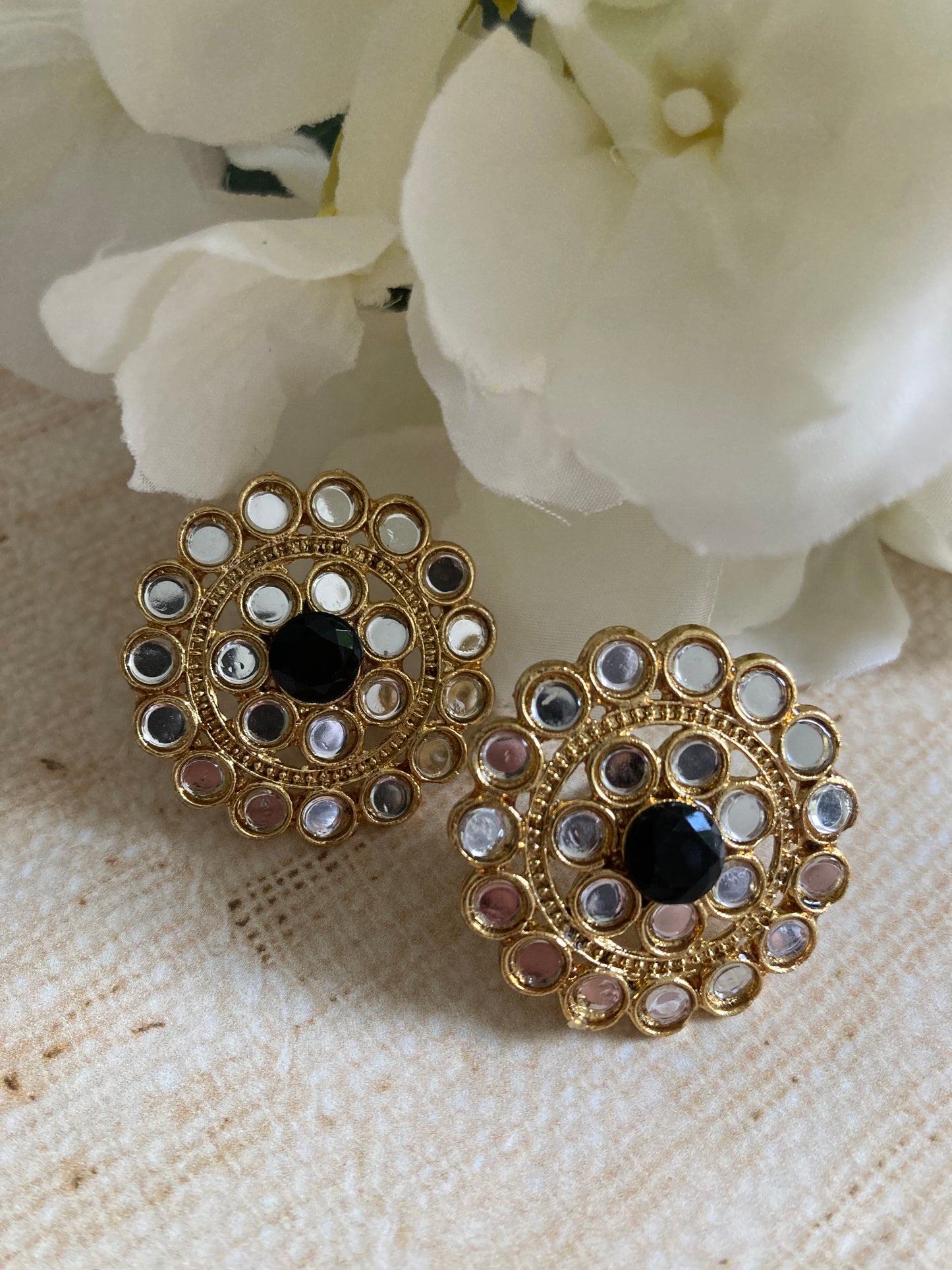 Mirror Circular Stud Earrings (Black) (ST1008)