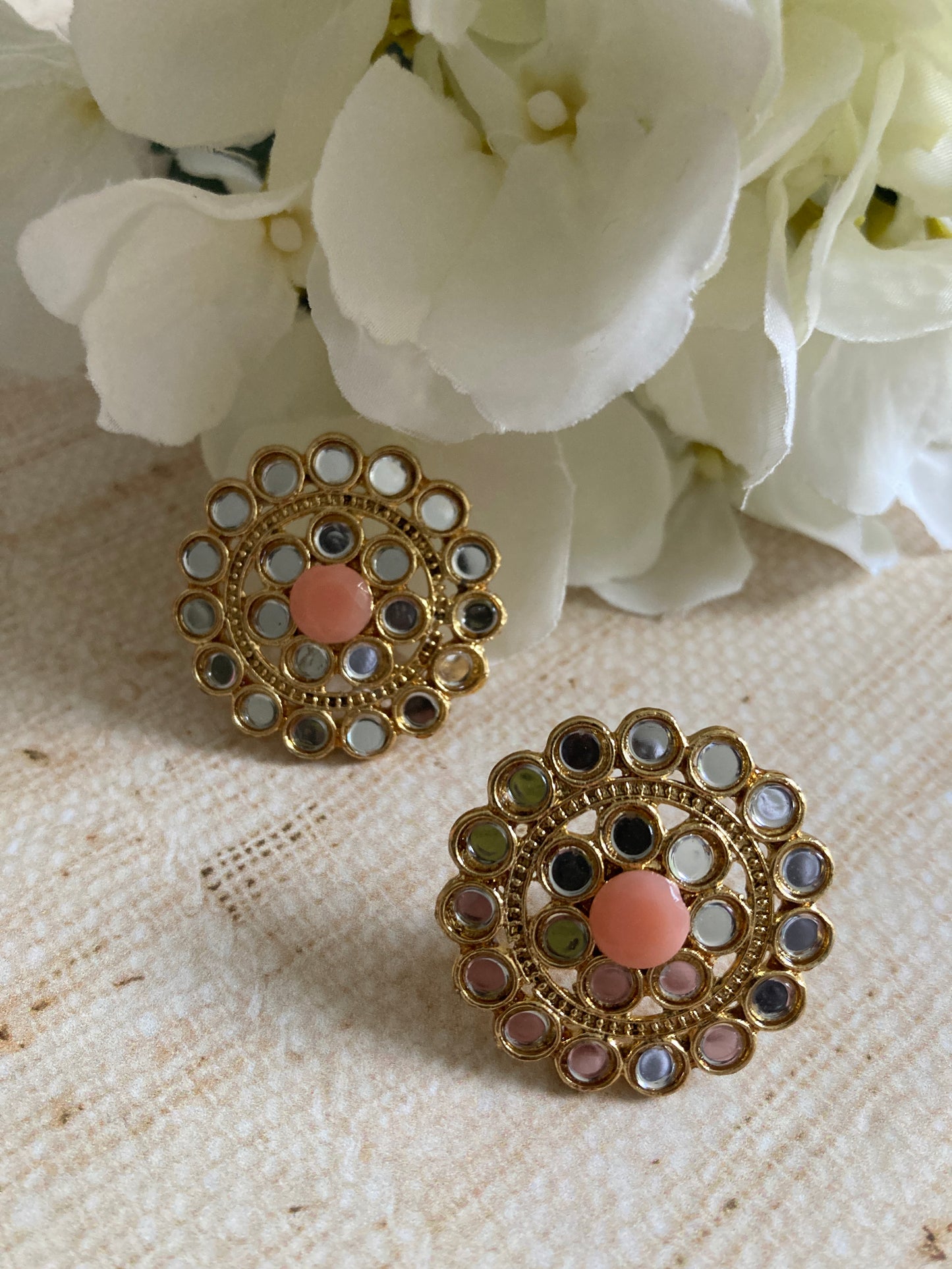 Mirror Circular Stud Earrings (Peach) (ST1008)