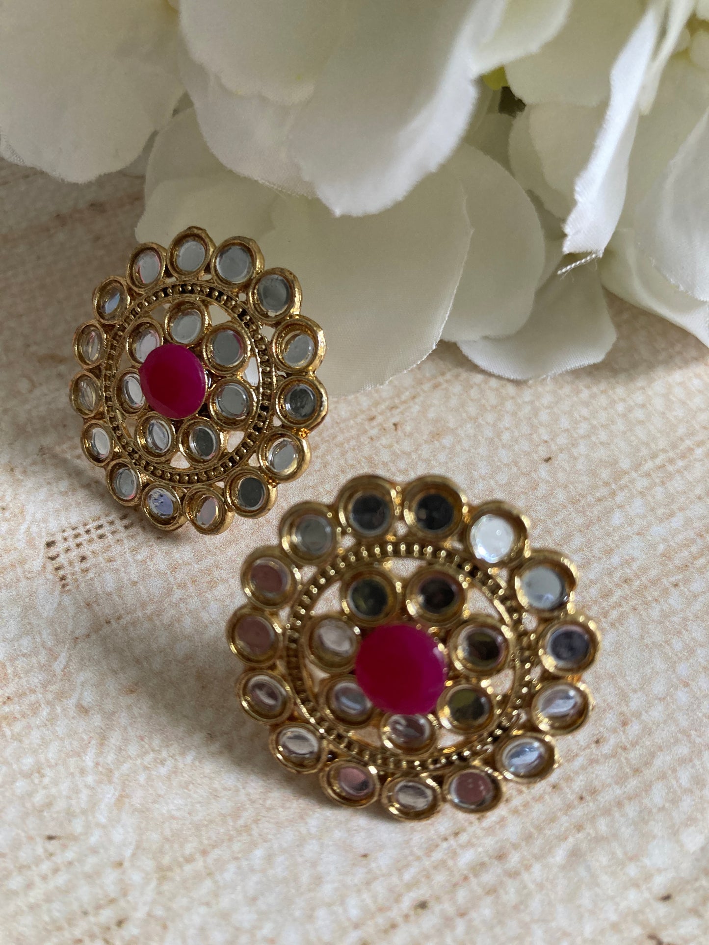 Mirror Circular Stud Earrings (Hot Pink) (ST1008)