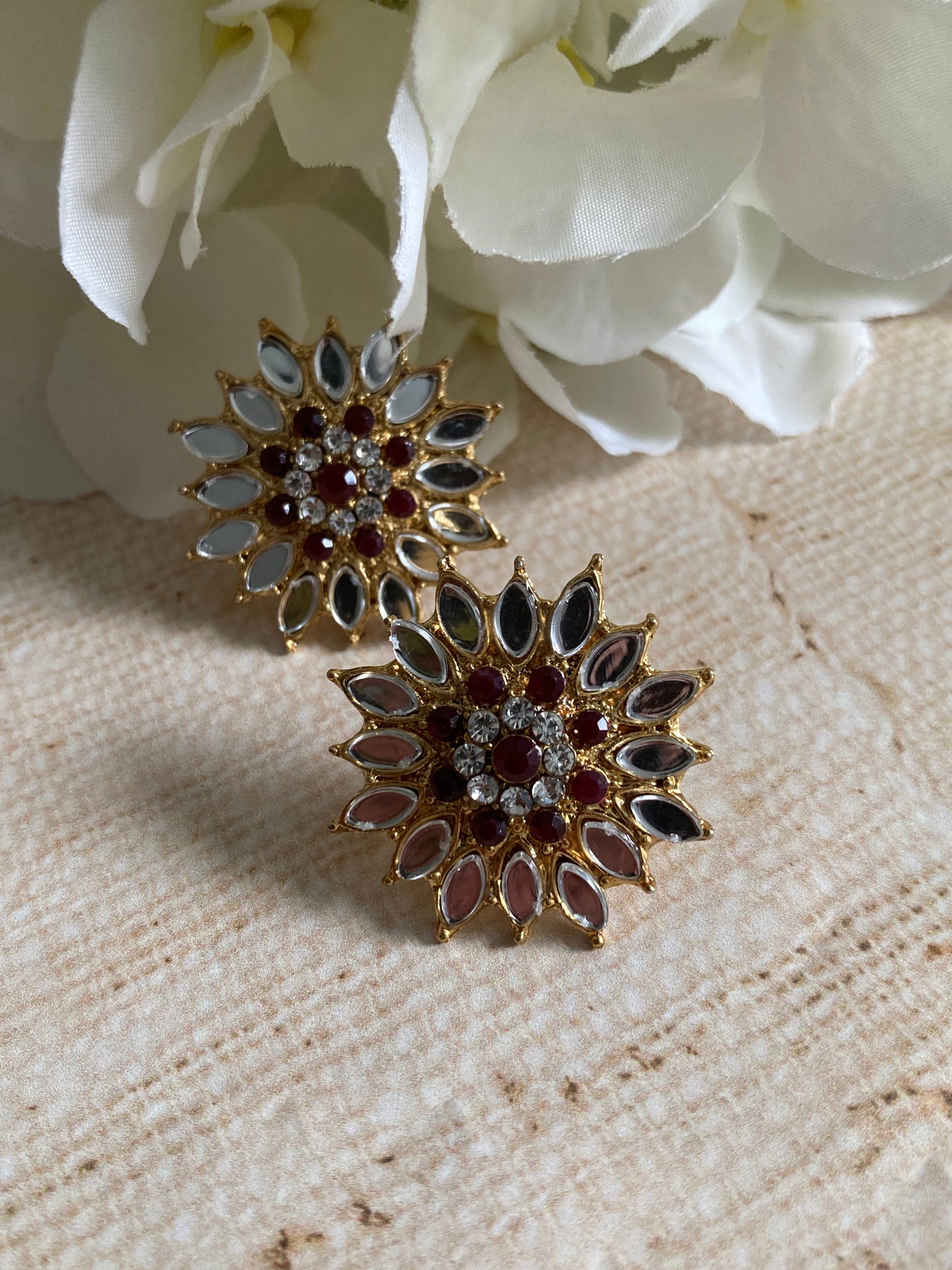 Silver Flower Mirror Stud Earrings (Burgundy) (ST1012)