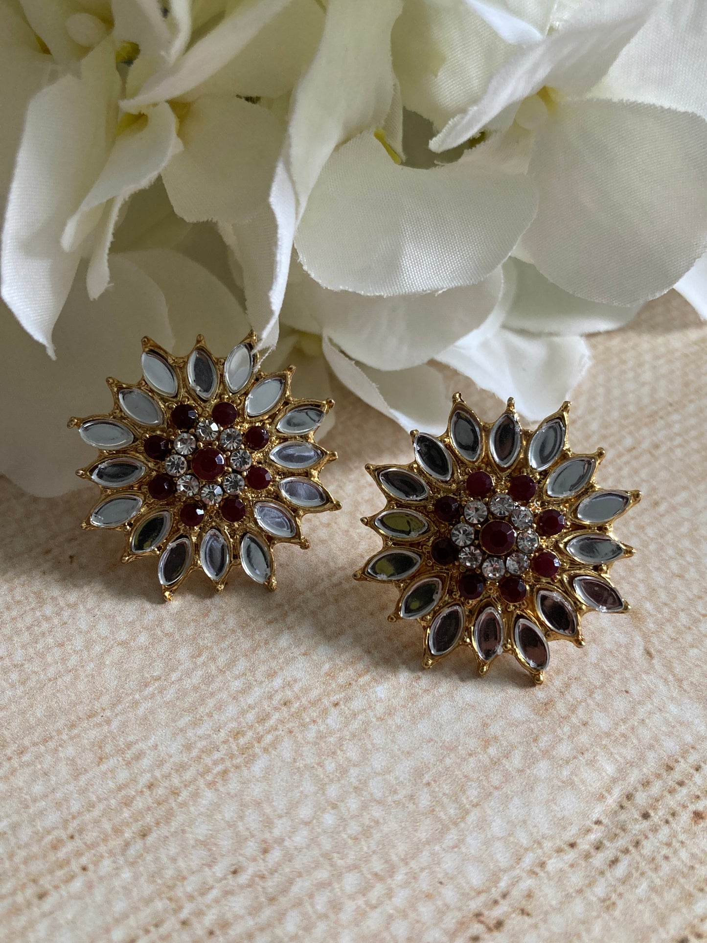 Silver Flower Mirror Stud Earrings (Burgundy) (ST1012)