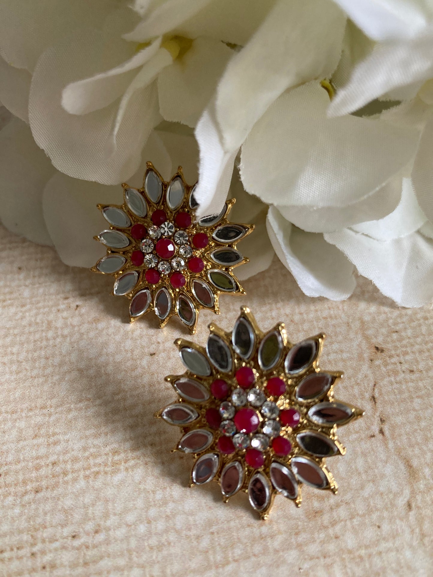 Silver Flower Mirror Stud Earrings (Hot Pink) (ST1012)