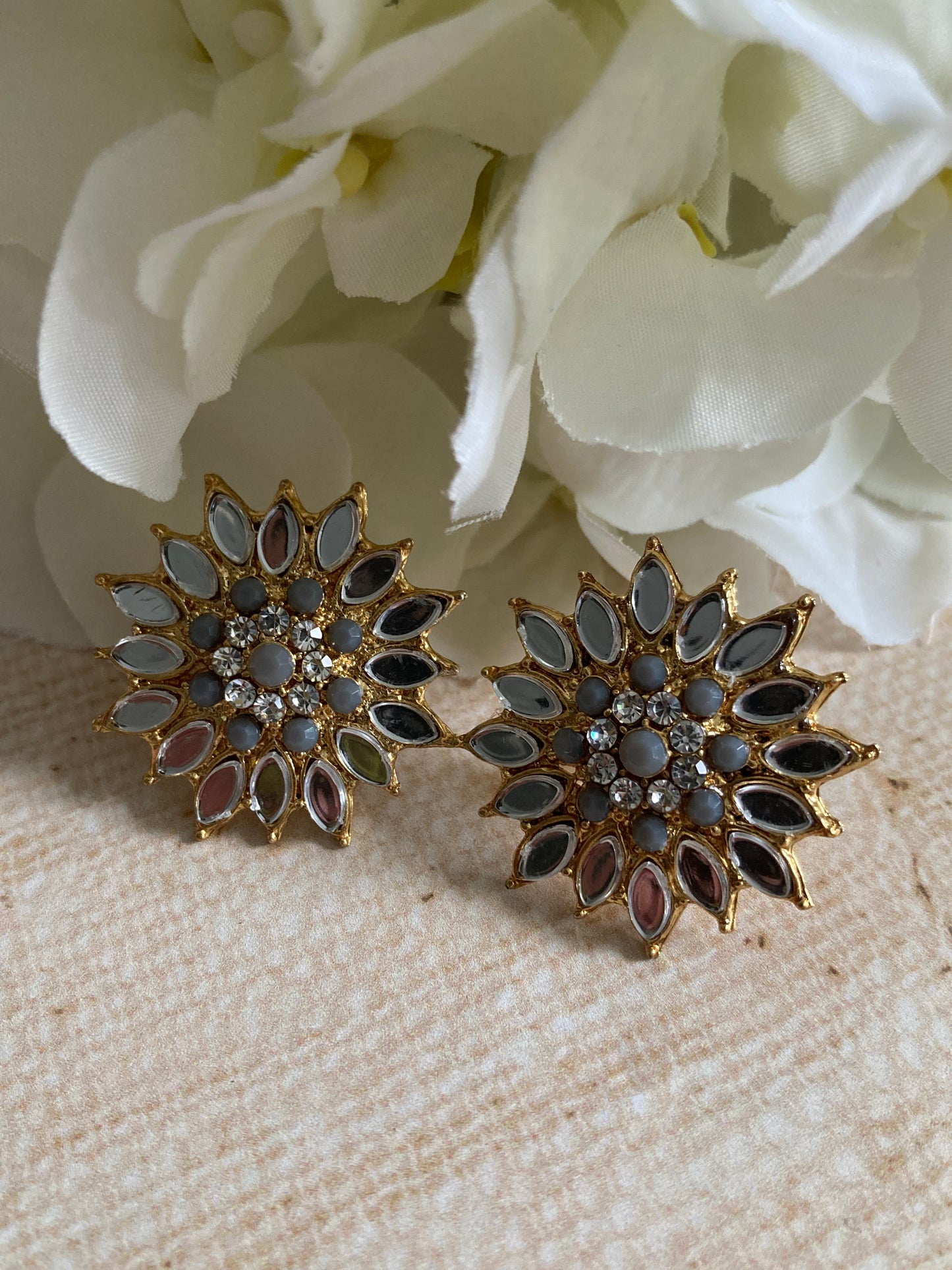 Silver Flower Mirror Stud Earrings (Grey) (ST1012)