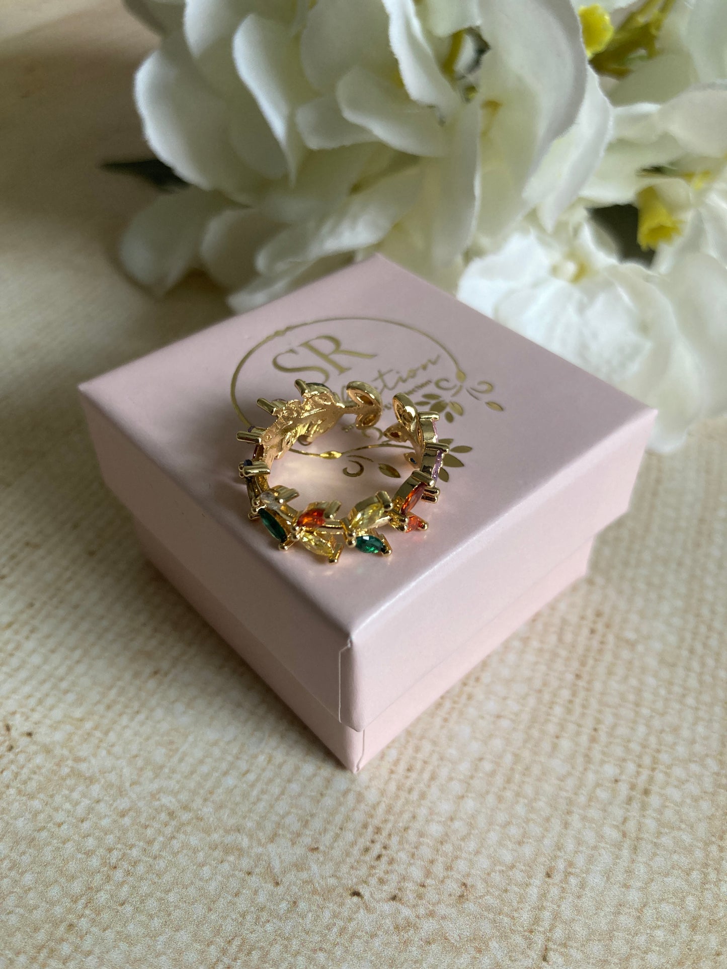 Adjustable Gold Plated Multicoloured Vine Leaf Ring (ST988)