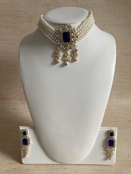 Anvi Gold Plated Kundan And Pearl Set (ST1013) (Blue)