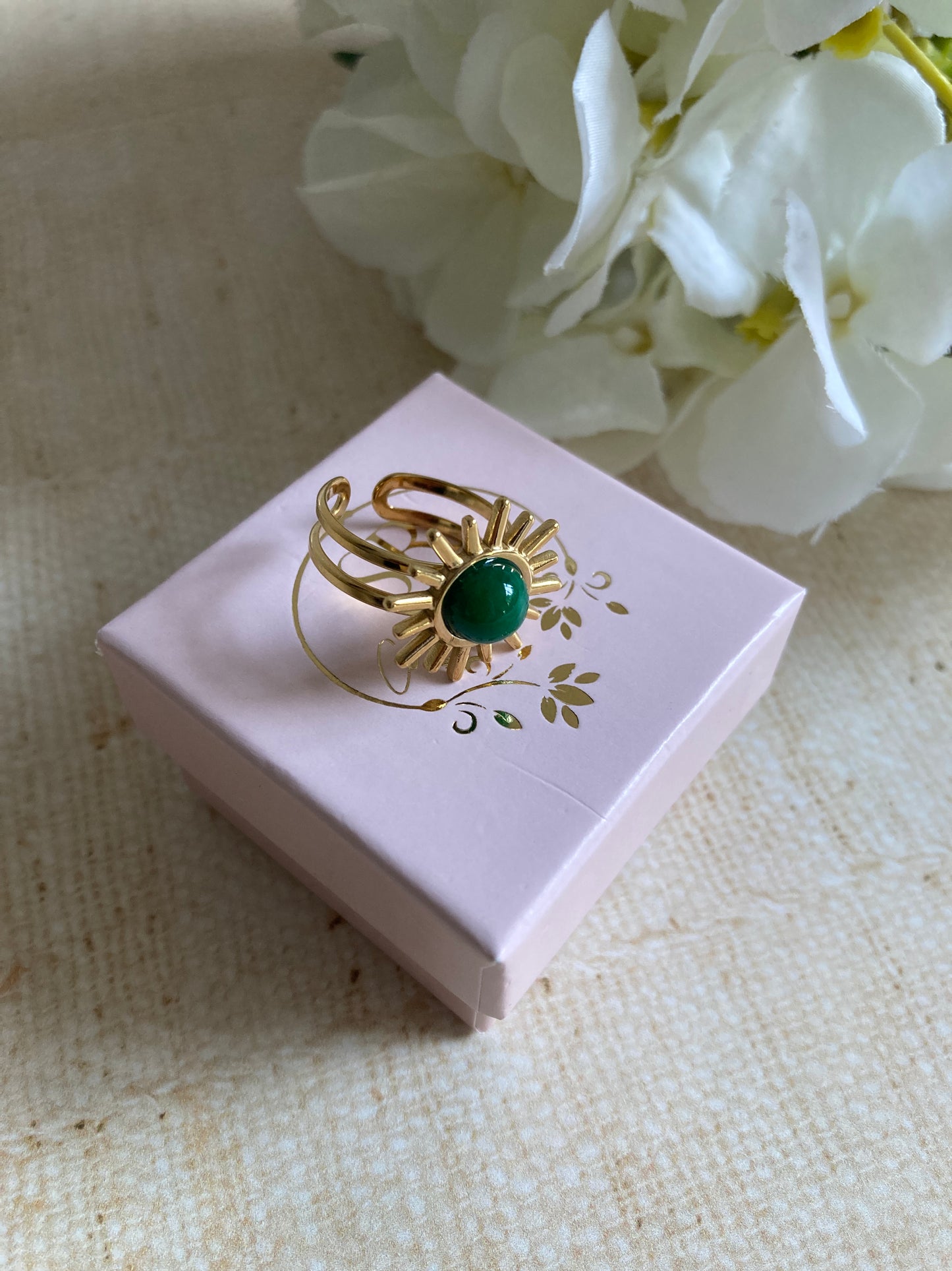 Gold Adjustable Sun Ring (ST866) (Emerald Green)