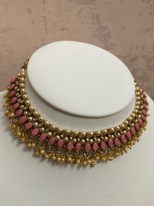 Manika Kundan And Pearl Choker Set (ST185) (Pink)