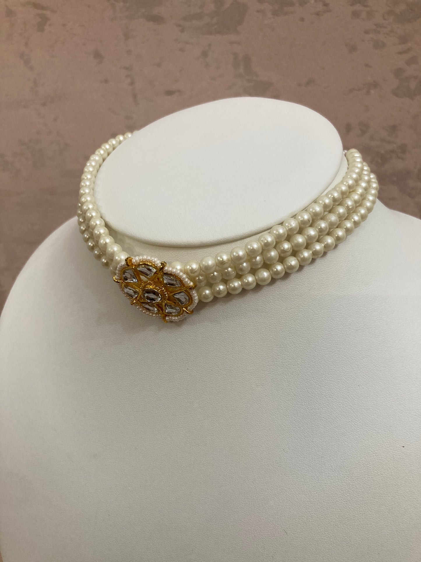 Madhu Gold Plated Kundan Stone & Pearl Necklace Set (White) (ST791)