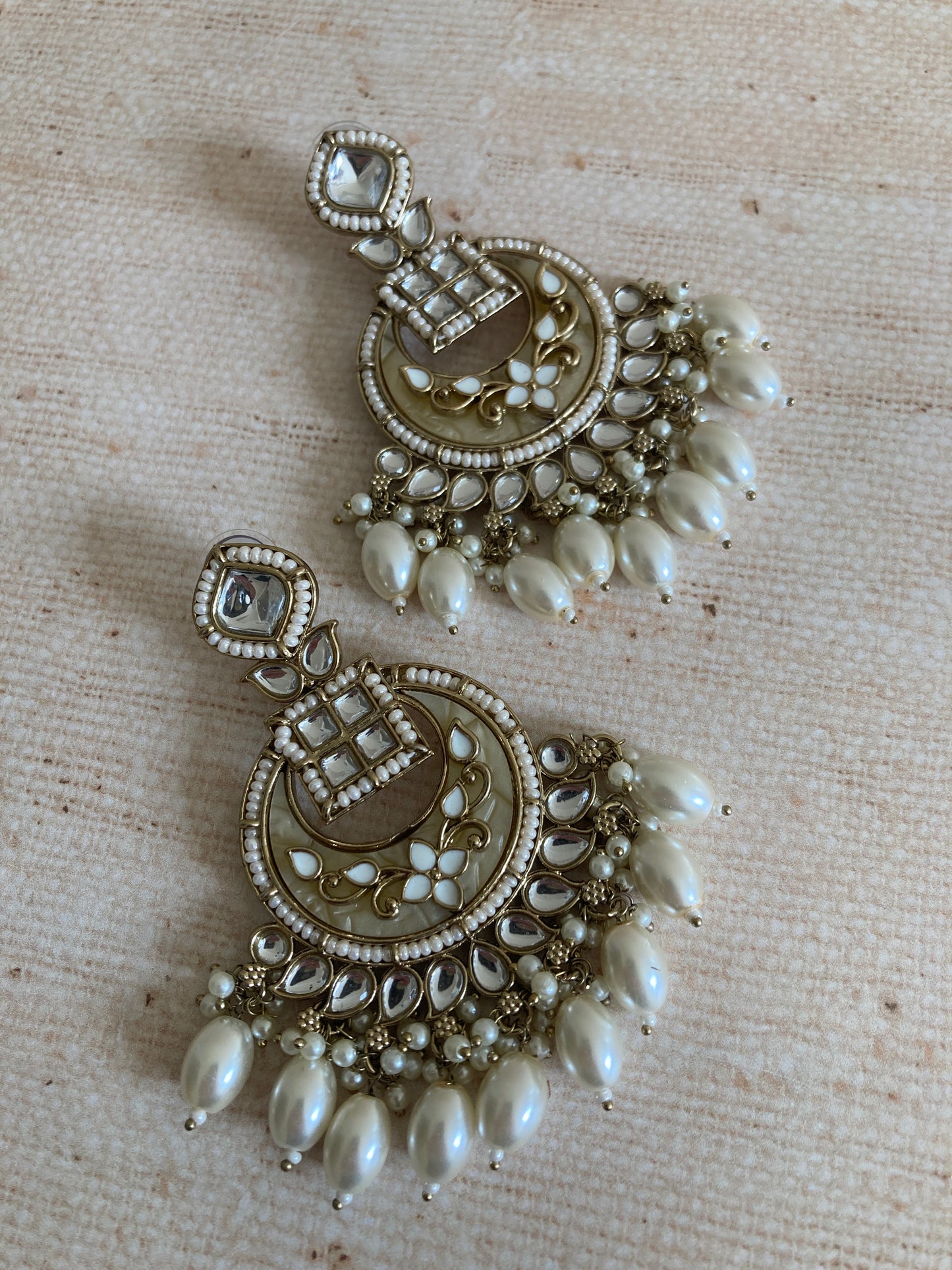 Sabeen White Antique Gold Chand Bali Indian Earrings (ST1030)