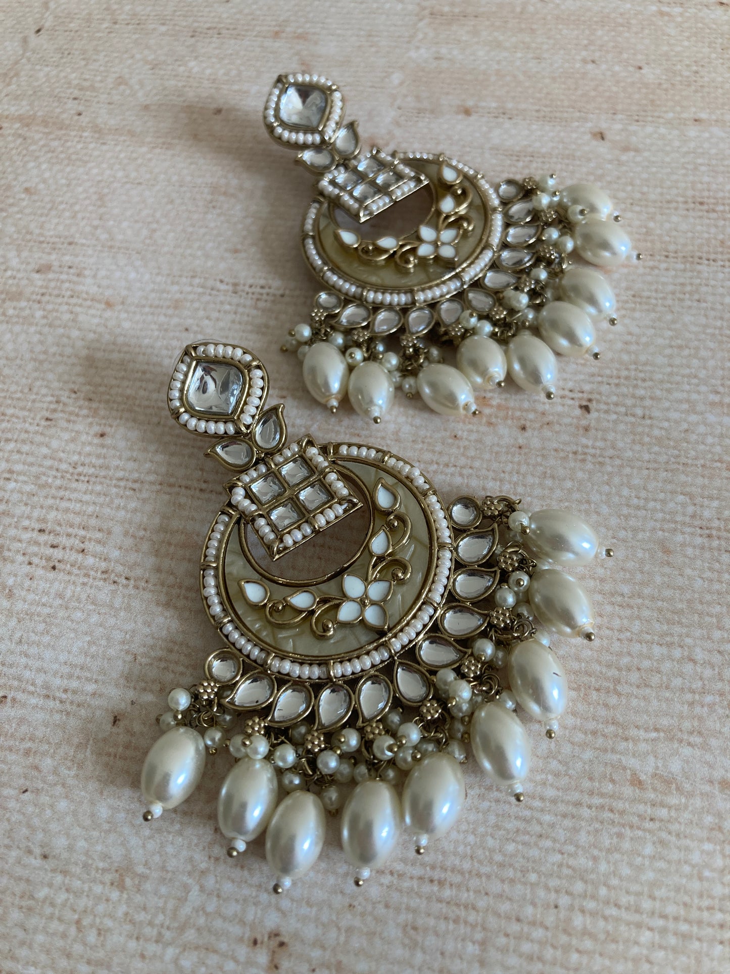 Sabeen White Antique Gold Chand Bali Indian Earrings (ST1030)